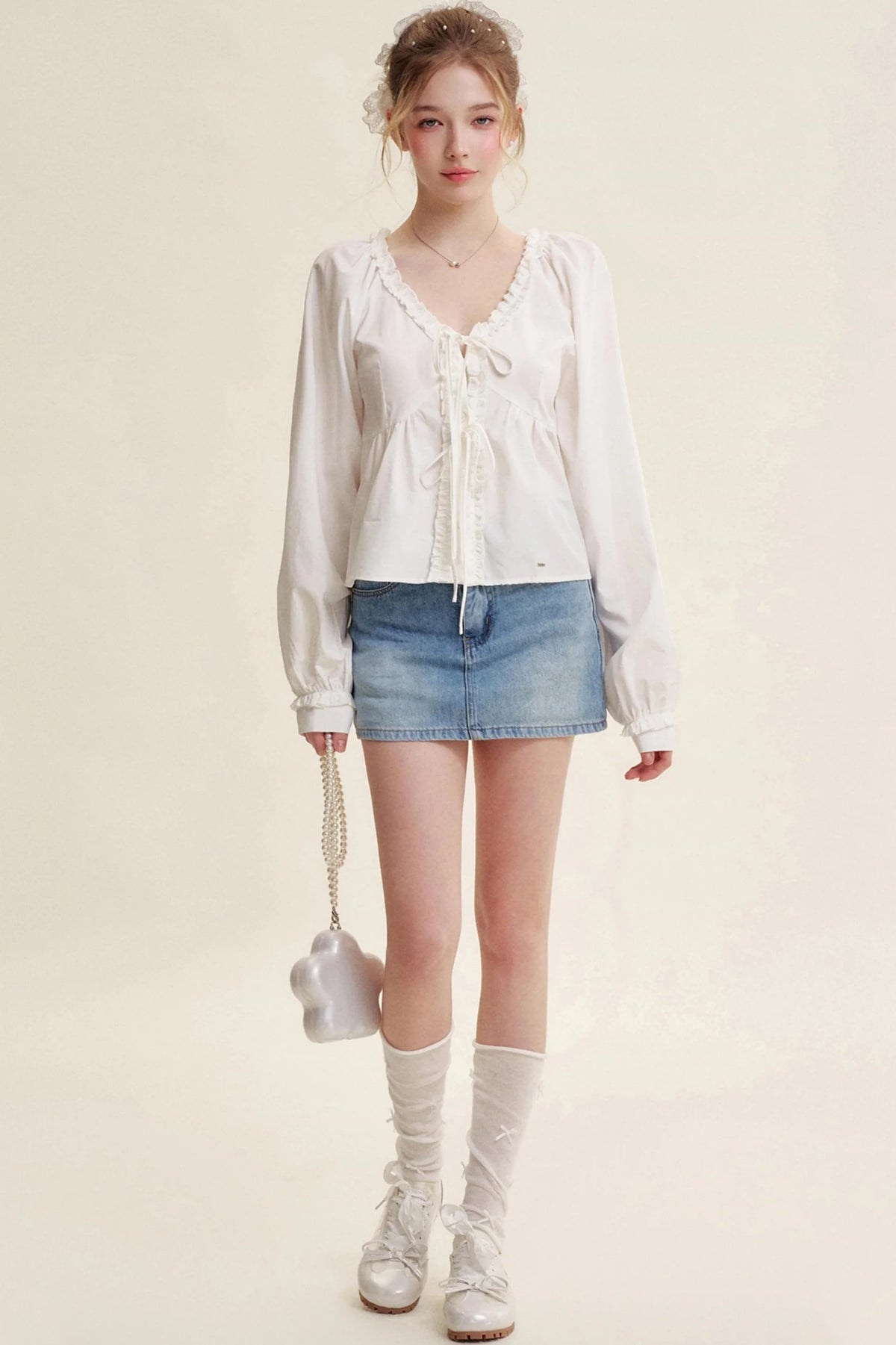Romantic Lace Bow Tie V-Neck Shirt