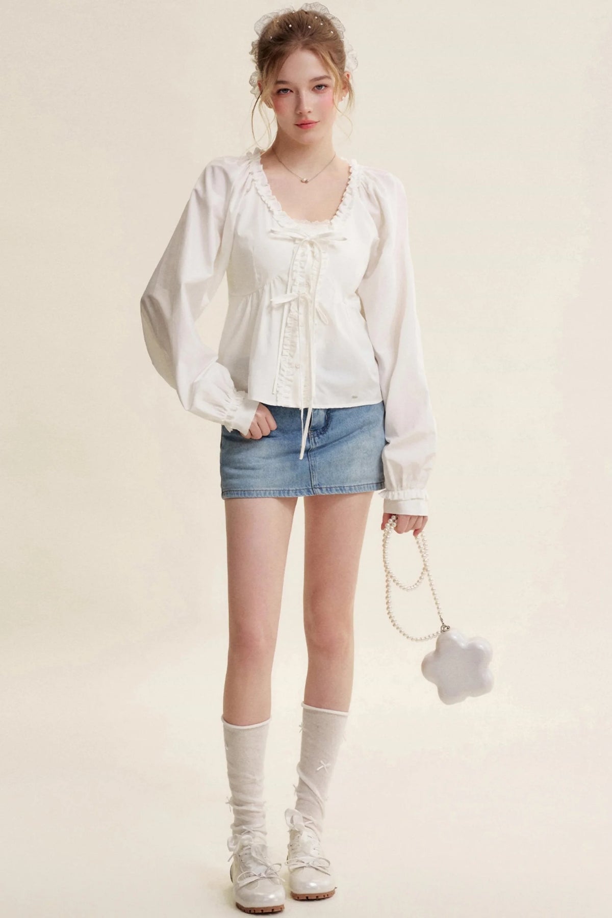 Romantic Lace Bow Tie V-Neck Shirt