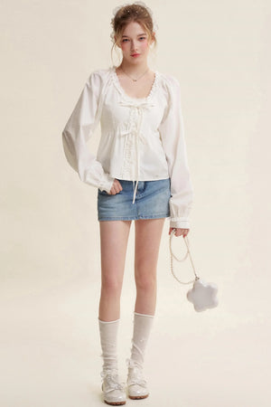 Romantic Lace Bow Tie V-Neck Shirt