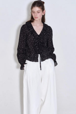 Romantic Ruffled Polka Dot V-Neck Blouse
