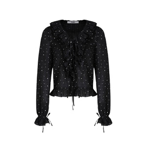 Romantic Ruffled Polka Dot V-Neck Blouse