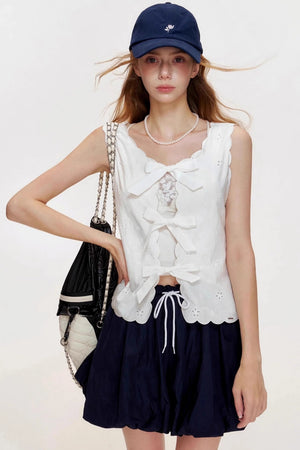 Romantic Wavy Edge Embroidery Strappy Vest Set-Up