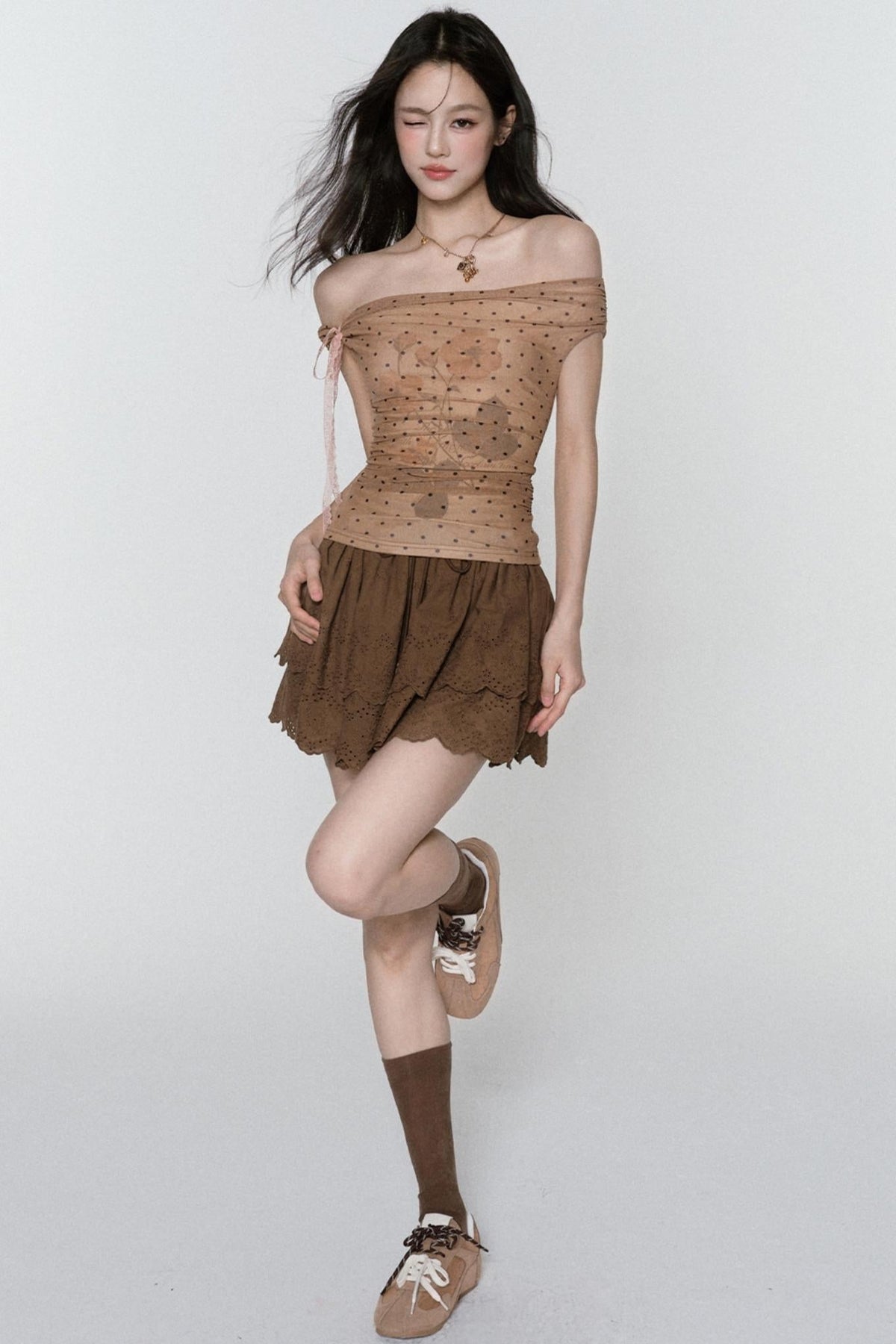 Rose Mist Polka Dot One-Shoulder Top