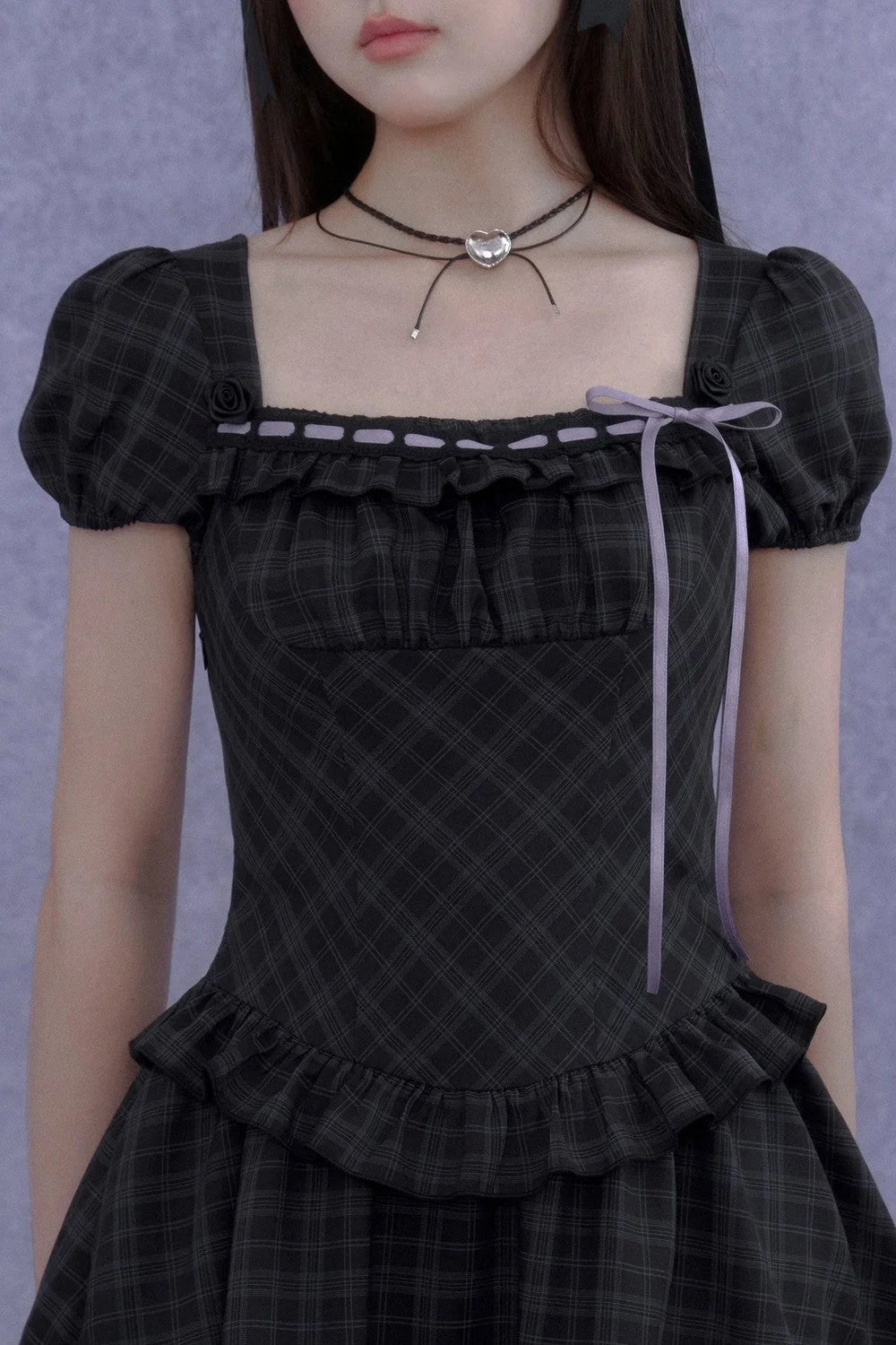 Rose Plaid Lolita Square Neck Dress