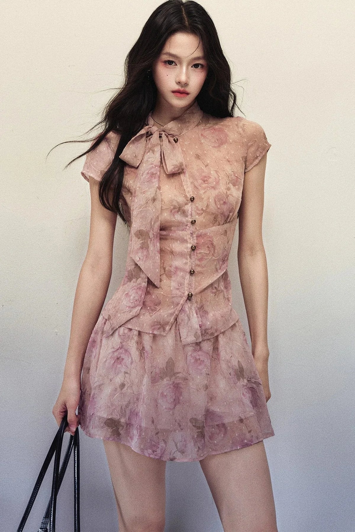 Rose Print Chiffon Top and A-Line Skirt Set