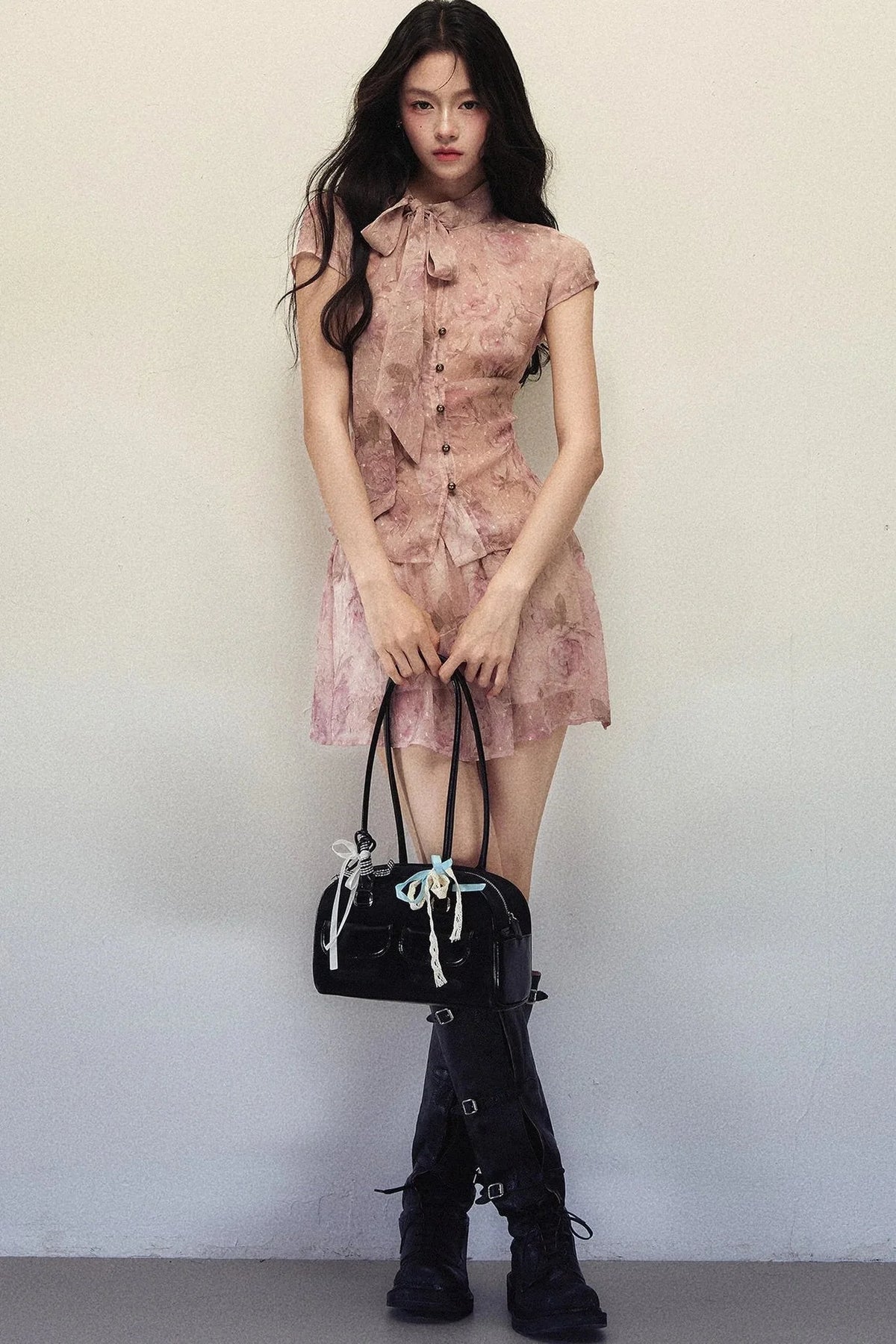 Rose Print Chiffon Top and A-Line Skirt Set