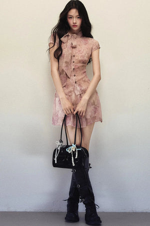Rose Print Chiffon Top and A-Line Skirt Set
