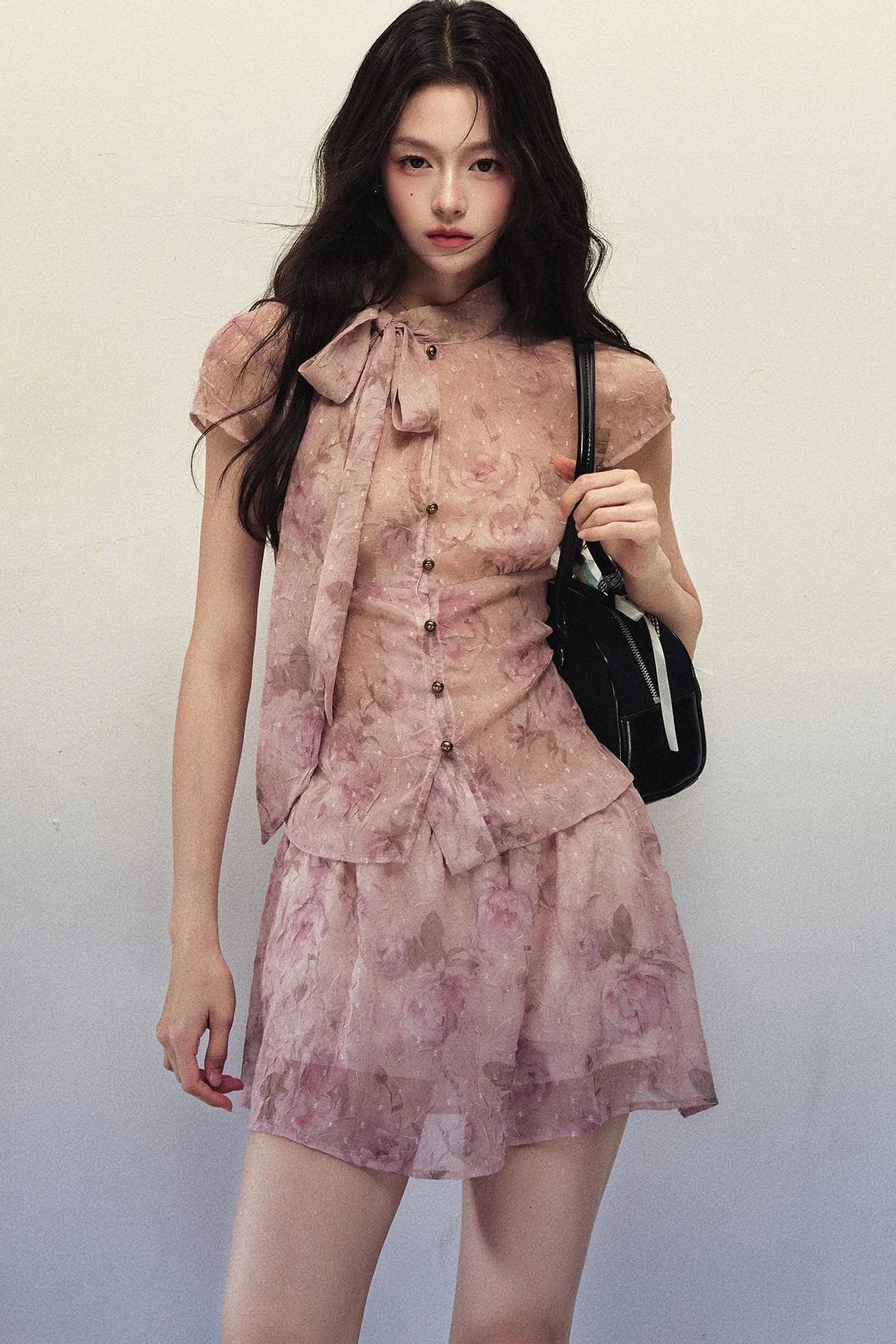 Rose Print Chiffon Top and A-Line Skirt Set