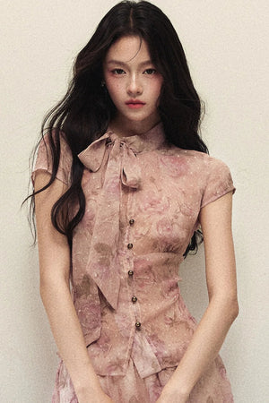 Rose Print Chiffon Top and A-Line Skirt Set