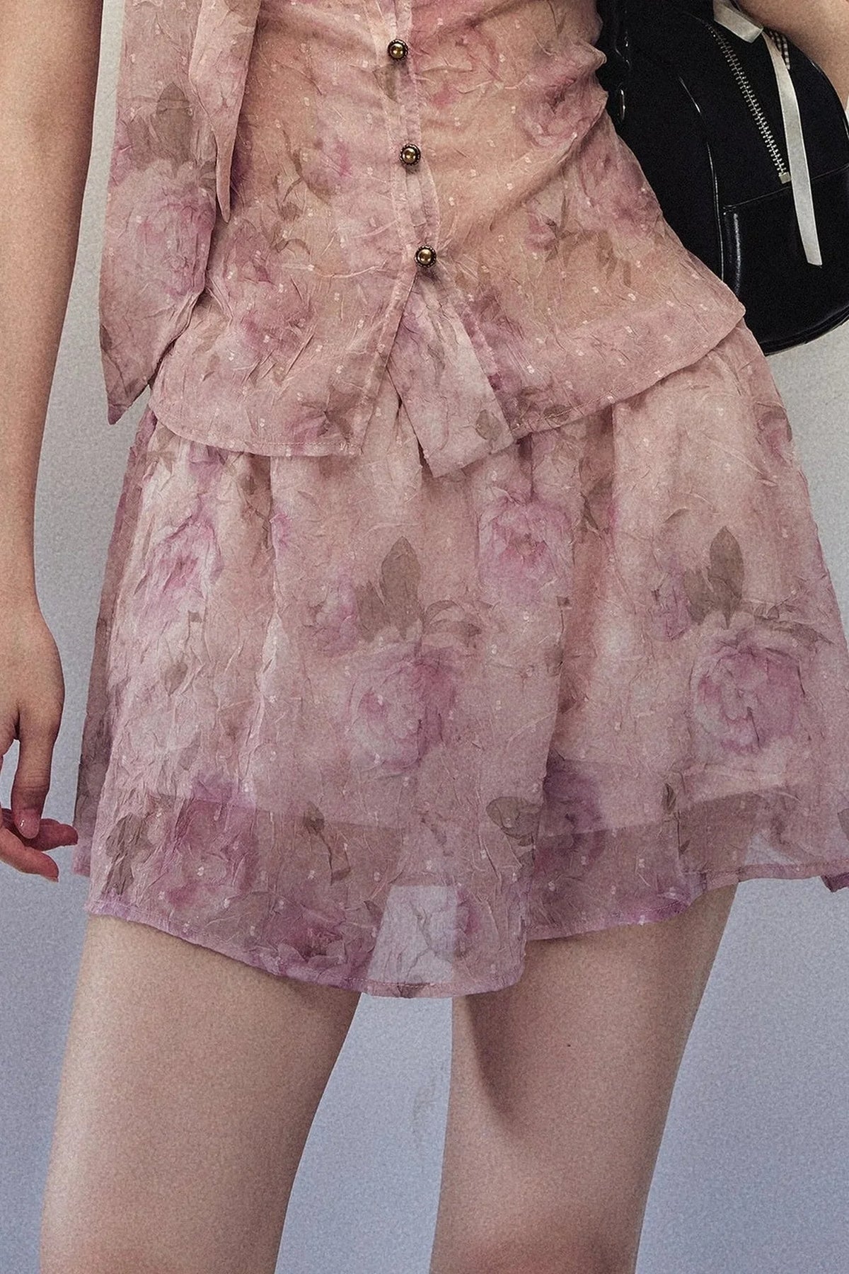 Rose Print Chiffon Top and A-Line Skirt Set