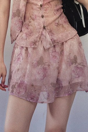 Rose Print Chiffon Top and A-Line Skirt Set