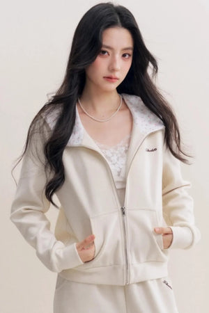 Rose Print Patchwork Hooded Jacket Set-Up