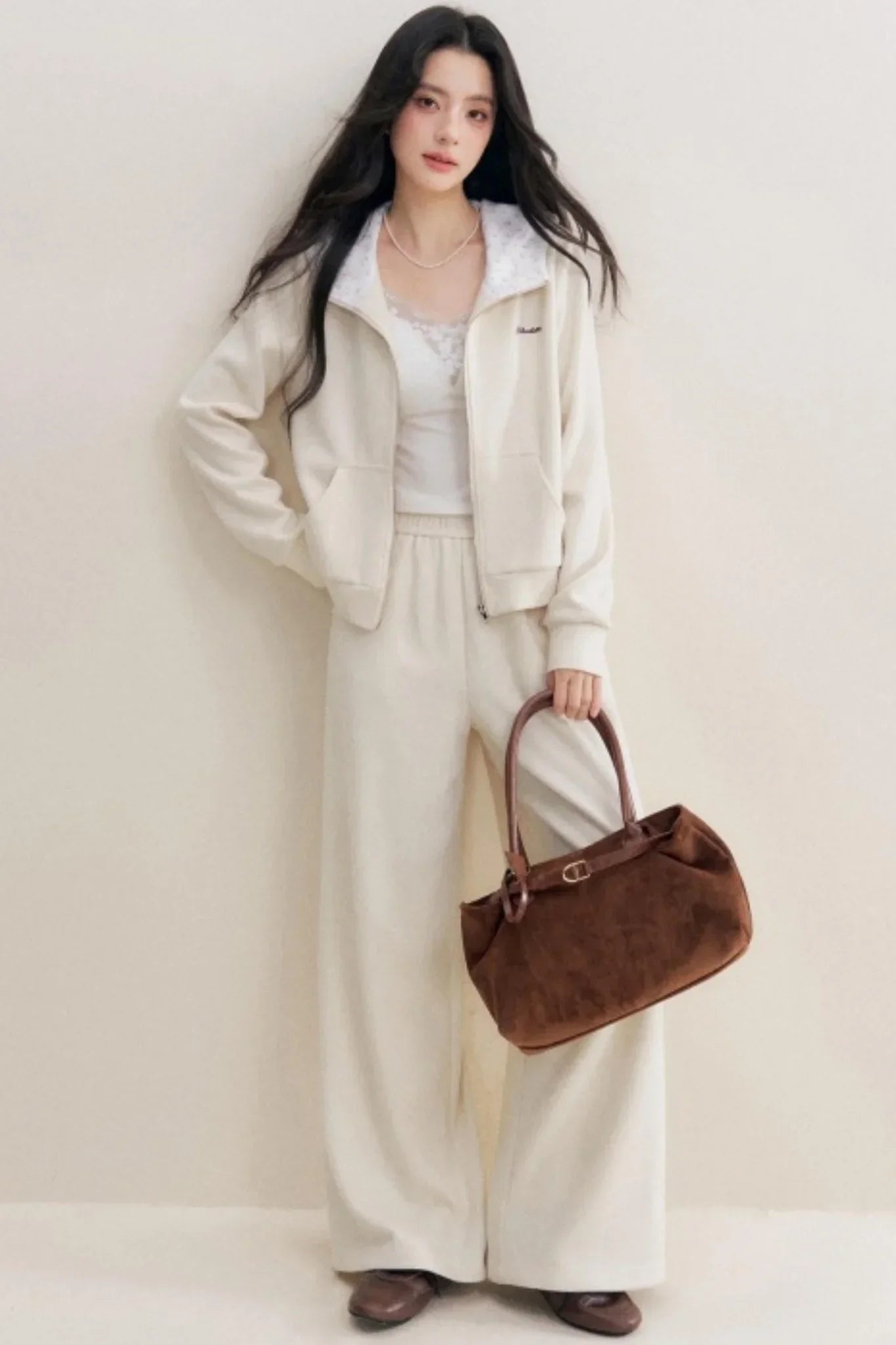 Rose Print Patchwork Hooded Jacket Set-Up