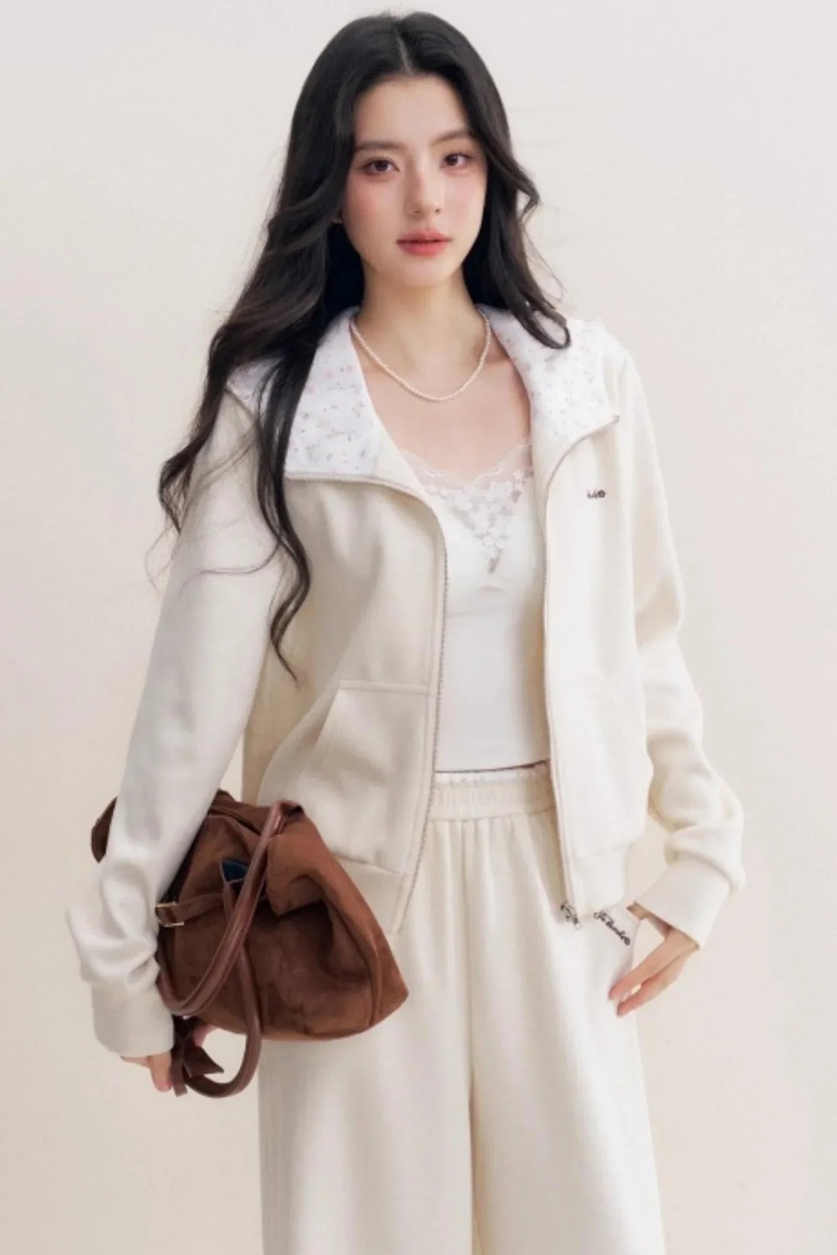 Rose Print Patchwork Hooded Jacket Set-Up