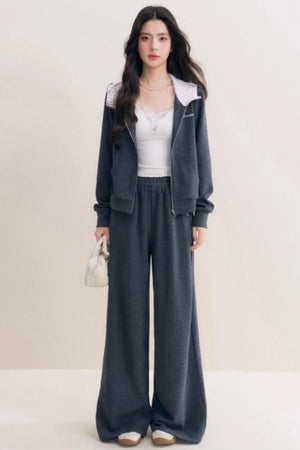 Rose Print Patchwork Hooded Jacket Set-Up