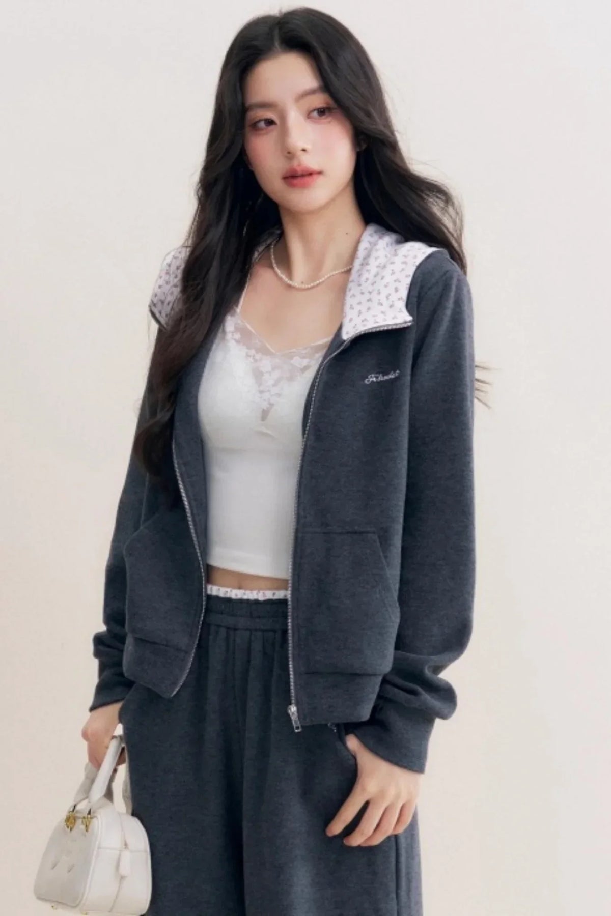 Rose Print Patchwork Hooded Jacket Set-Up