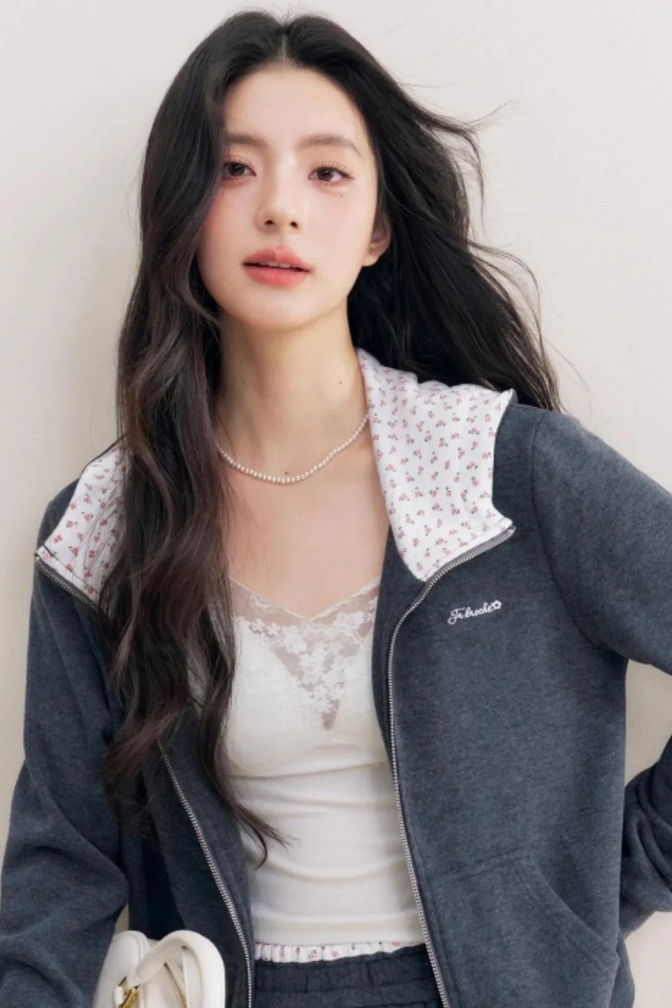Rose Print Patchwork Hooded Jacket Set-Up