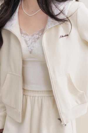 Rose Print Patchwork Hooded Jacket Set-Up