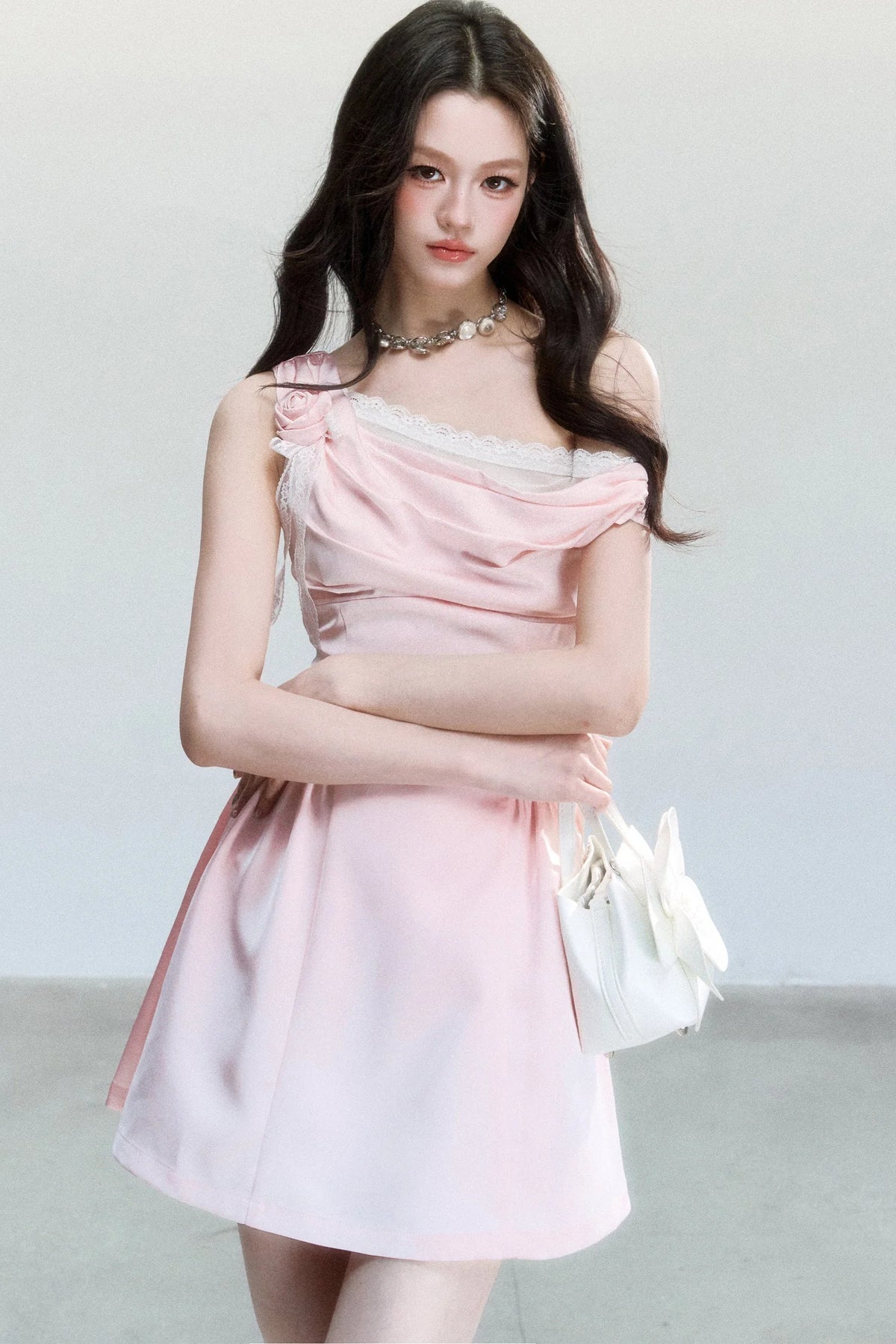 Rose Satin Off-Shoulder Dress
