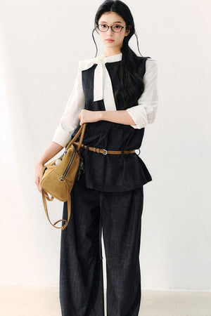 Round Neck Color-Block Ribbon Shirt