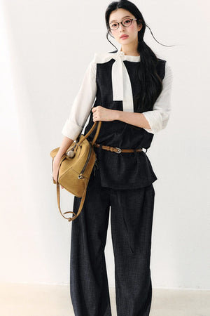 Round Neck Color-Block Ribbon Shirt
