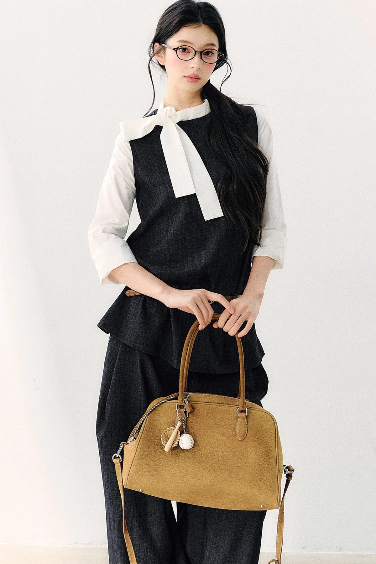 Round Neck Color-Block Ribbon Shirt