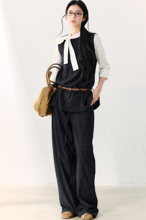 Round Neck Color-Block Ribbon Shirt