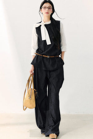 Round Neck Color-Block Ribbon Shirt