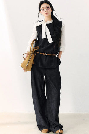 Round Neck Color-Block Ribbon Shirt