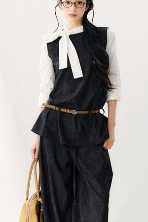 Round Neck Color-Block Ribbon Shirt