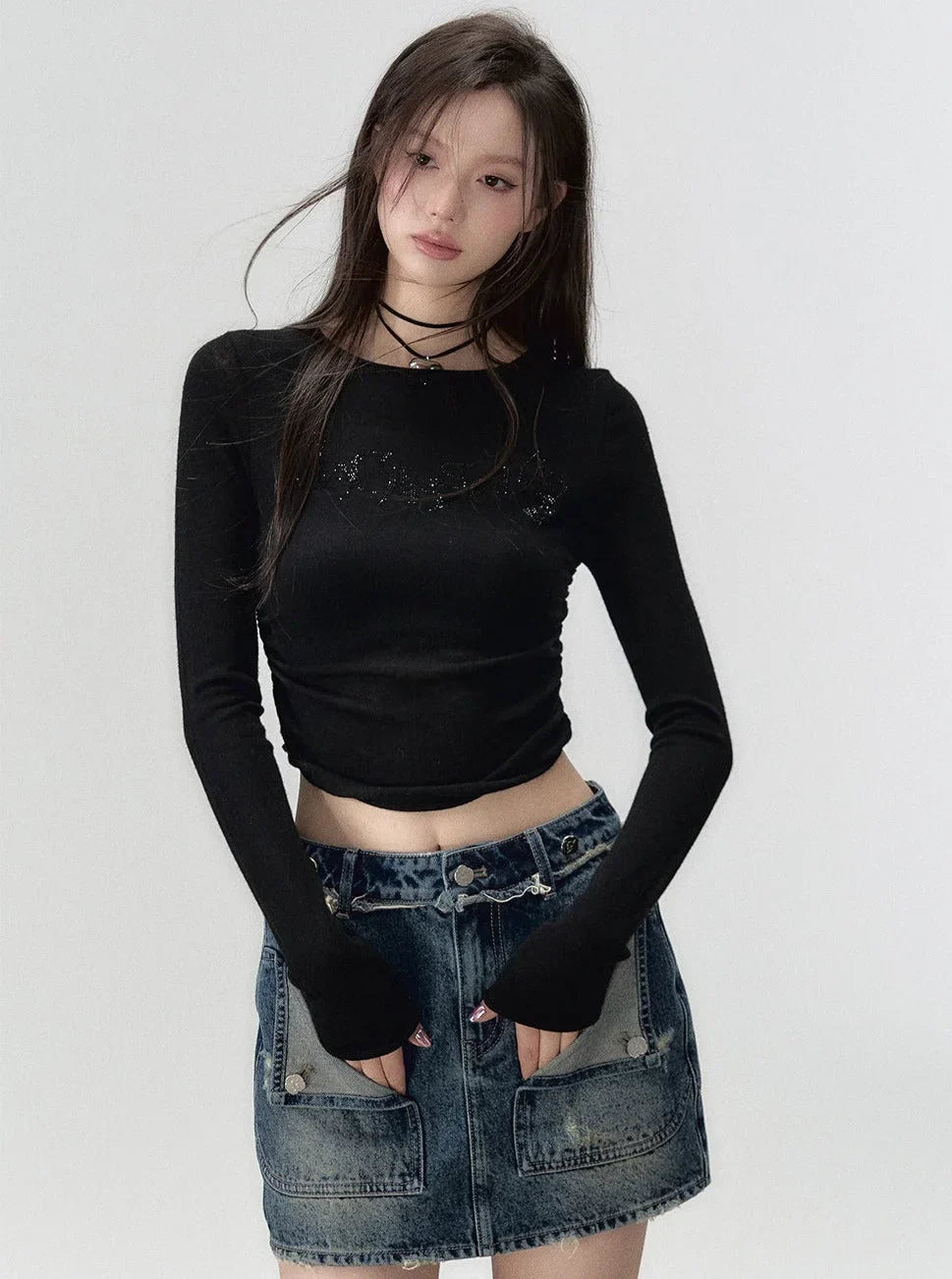 Round neck knit long sleeve t-shirt