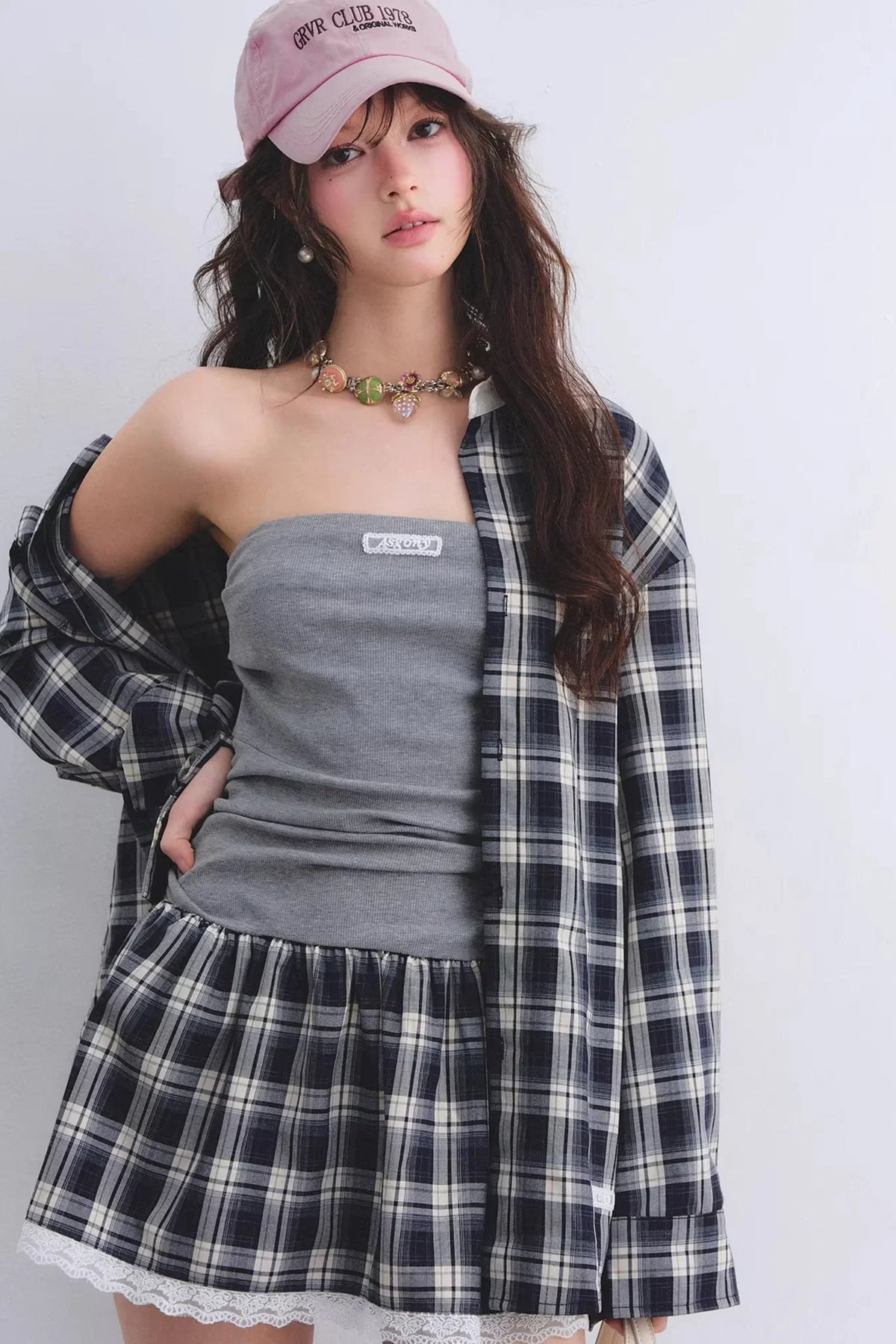 Ruched Plaid Lace Dress Set-Up