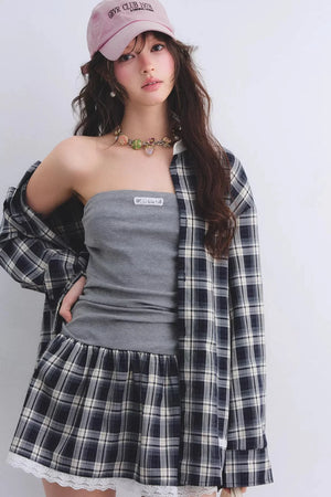 Ruched Plaid Lace Dress Set-Up