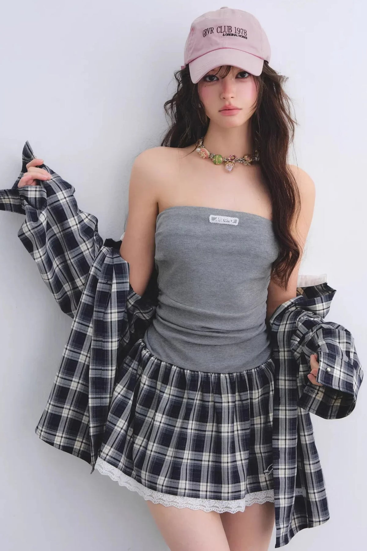 Ruched Plaid Lace Dress Set-Up