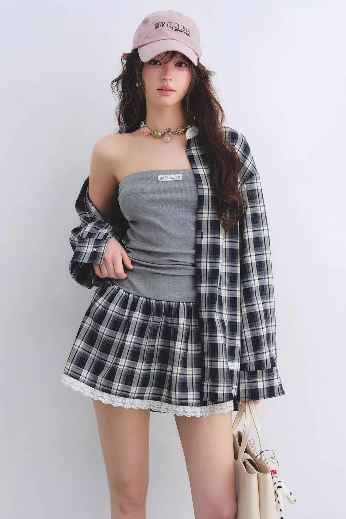 Ruched Plaid Lace Dress Set-Up