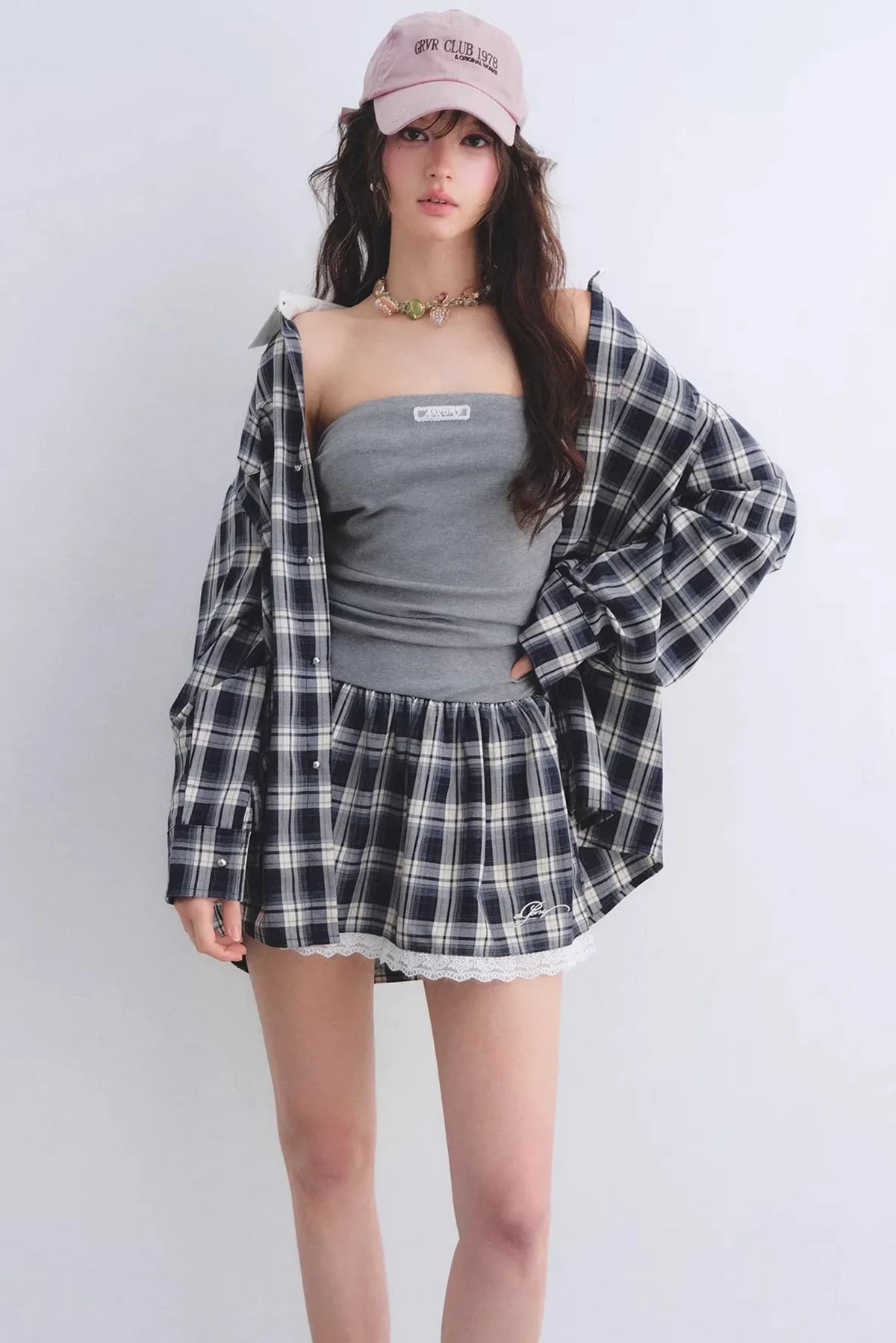 Ruched Plaid Lace Dress Set-Up