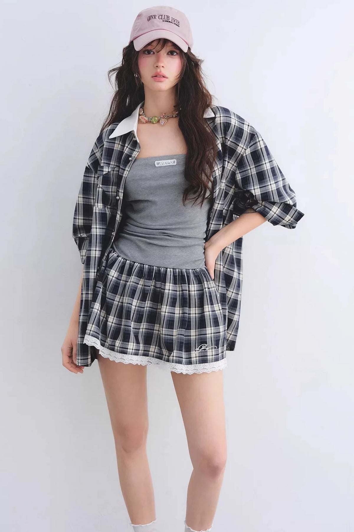 Ruched Plaid Lace Dress Set-Up