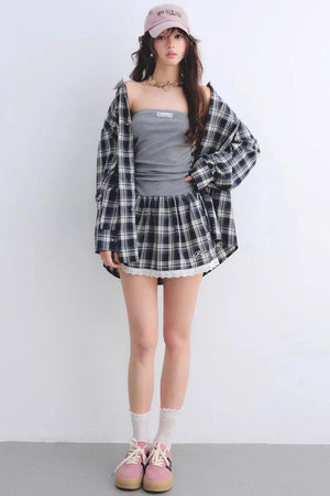 Ruched Plaid Lace Dress Set-Up