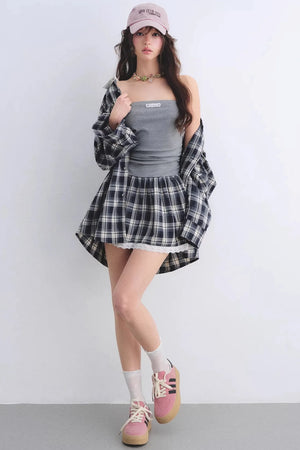 Ruched Plaid Lace Dress Set-Up
