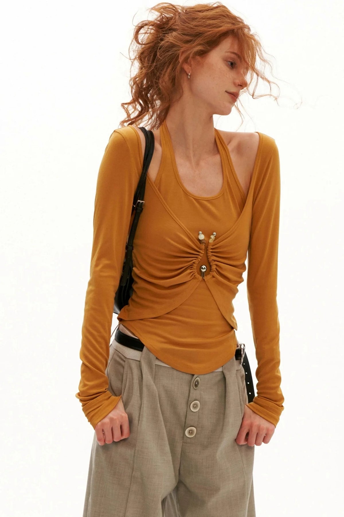 Ruched Waist Long Sleeve Tencel Top