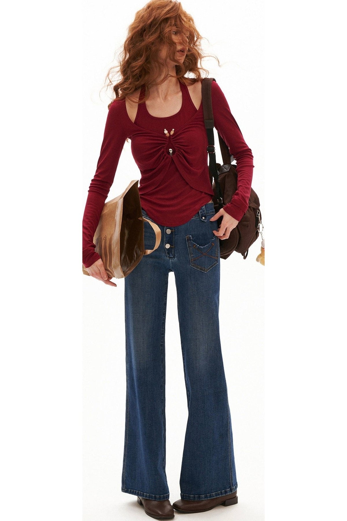 Ruched Waist Long Sleeve Tencel Top