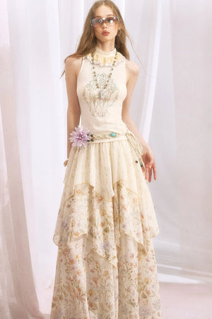 Ruffle Collar Rhinestone Embroidery Sleeveless Top