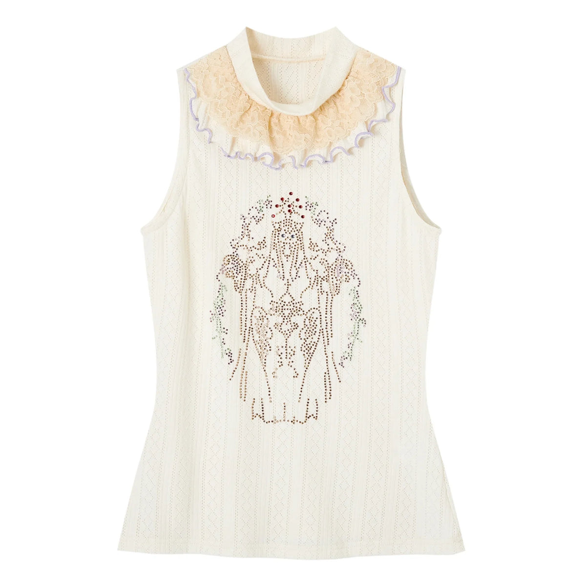 Ruffle Collar Rhinestone Embroidery Sleeveless Top