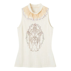 Ruffle Collar Rhinestone Embroidery Sleeveless Top
