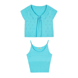 Ruffle Collar Short Sleeve Top Set