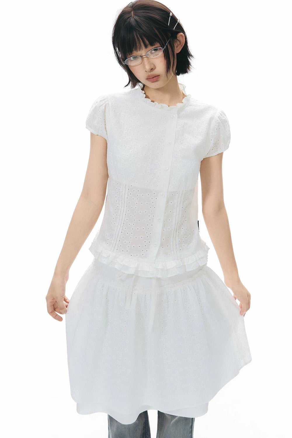 Ruffle Drawstring Blouse & Skirt Set-Up