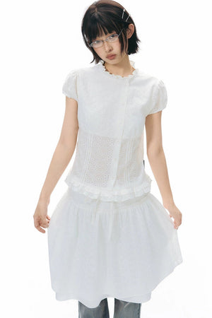 Ruffle Drawstring Blouse & Skirt Set-Up