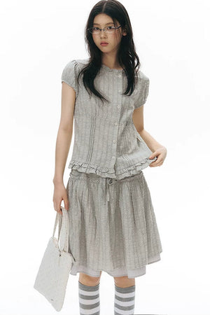 Ruffle Drawstring Blouse & Skirt Set-Up