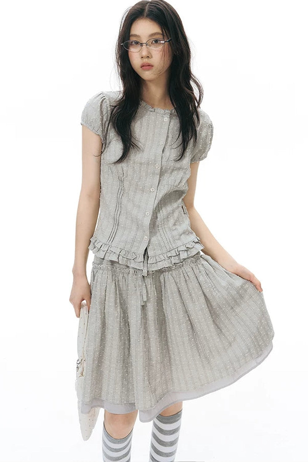 Ruffle Drawstring Blouse & Skirt Set-Up
