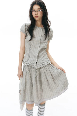 Ruffle Drawstring Blouse & Skirt Set-Up